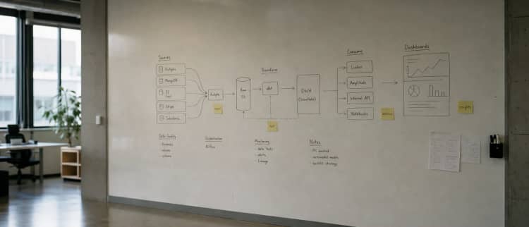 A whiteboard wall with a hand-drawn data architecture diagram.